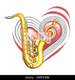 Un saxophone doré sur le fond d'un cœur musical rouge avec une clef triple. L'illustration aquarelle est dessinée à la main. Pour logos, badges, autocollants Banque D'Images