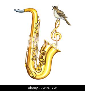 Un saxophone doré décoré de roses rouges et d'une clef aiguë. L'illustration de l'aquarelle est dessinée à la main. Pour affiches, dépliants et cartes. Pour les bannières a Banque D'Images