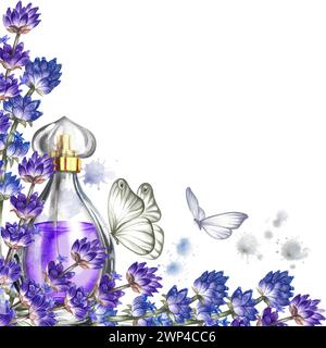 Une bouteille de parfum en verre transparent avec des fleurs de lavande. Parfum violet vintage avec parfum de lavande. Une illustration d'aquarelle dessinée à la main. Est Banque D'Images