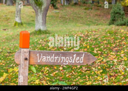 Panneau en bois pour un sentier de randonnée en Suède dans une forêt de feuillus avec des feuilles d'automne tombées, Suède Banque D'Images