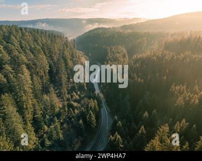 Une route sinueuse serpente à travers une forêt de montagne au coucher du soleil, Forêt Noire, Allemagne Banque D'Images