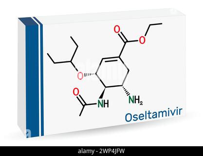 Molécule médicamenteuse antivirale d'oseltamivir. Formule chimique squelettique. Emballage en papier pour médicaments. Illustration vectorielle Illustration de Vecteur