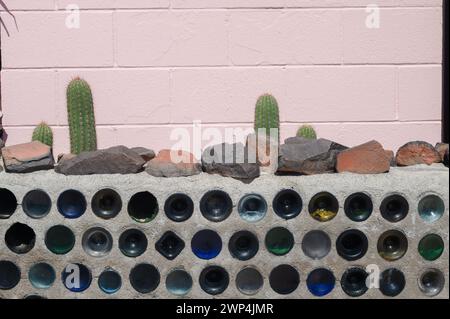 Deux cactus contre un mur de briques rose clair/ Banque D'Images