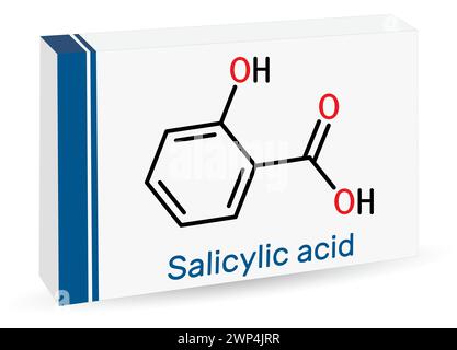 Molécule d'acide salicylique. Il est utilisé dans la production de produits pharmaceutiques, dans les cosmétiques. Formule chimique squelettique. Emballage en papier pour médicaments. Vecteur i Illustration de Vecteur