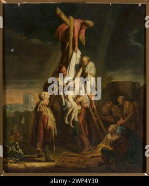 Peinture religieuse hollandaise, XVIIIe siècle, inspirée de Rembrandt, représentant la descente de croix, partie de la collection Wojciech Kolasiński, achetée, comprend des copies. Banque D'Images