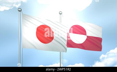 Drapeau 3D du Japon et du Groenland sur Blue Sky avec Sun Shine Banque D'Images