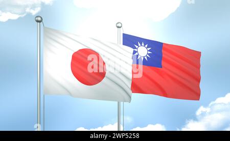 Drapeau 3D du Japon et de Taiwan sur ciel bleu avec soleil brillant Banque D'Images