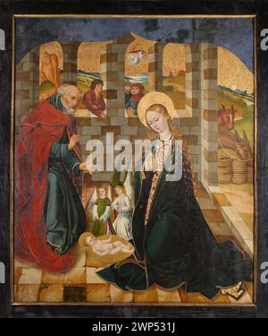 Aile polyptyque médiévale peinte par le maître Wrocław de 1486 à 1487, avec avers montrant l'Adoration du Christ enfant et revers représentant la flagellation du Christ, de l'église des saints Pierre et Paul à Strzegom. Banque D'Images