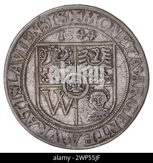 thaler ; Ferdinand I (empereur germano-romain ; 1556-1564) ; 1544 (1544-00-00-1544-00-00) ; Royaume tchèque (armoiries), Wrocław (armoiries), lion tchèque marchant à gauche (iconogr.), Lions, armoiries urbaines (iconogr.), City coins, bouclier à quatre pistes avec champ cardiaque, armoiries, boucliers, boucliers, boucliers Banque D'Images