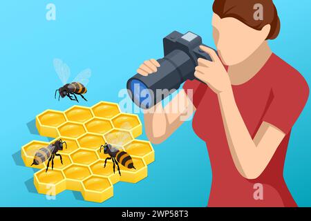 Femme isométrique photographie des abeilles mellifères sur des nids d'abeilles. Les gens élèvent des abeilles mellifères pour obtenir des produits apicoles : cire, miel, poison, propolis, pain d'abeille Illustration de Vecteur