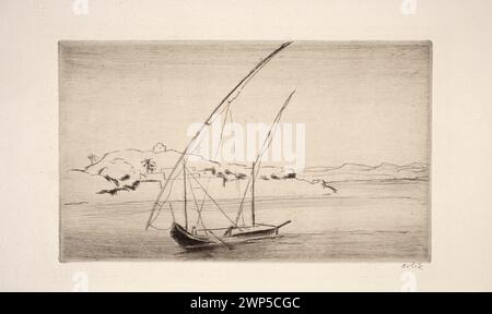 Une peinture de 1912 d'Emil Orlik représentant le Nil en Égypte, montrant des felouques sur la rivière dans un style paysager moderniste. Banque D'Images