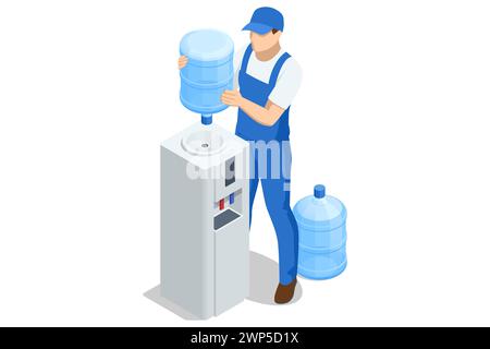 Homme de distribution d'eau isométrique. Un employé homme portant un t-shirt bleu chapeau uniforme vêtements de travail travaillant comme un coursier de marchand tenir une grande bouteille d'eau Illustration de Vecteur