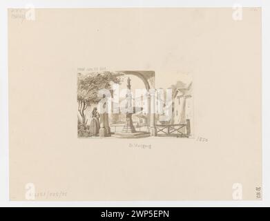 Représentation d'une fontaine à Wolfgang, Autriche, montrant une figure de femme et des vues de la ville, recueillies par l'Académie Royale des Arts de Berlin Banque D'Images