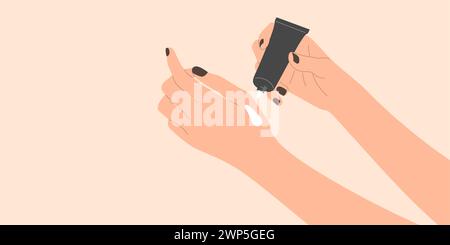 Illustration vectorielle de mains tenant un tube de crème. Mains féminines avec ongles de manucure appliquant une lotion cosmétique. Concept beauté et soins du corps Illustration de Vecteur