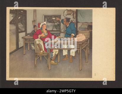 Cette illustration de 1920-1930 représente Wu Sung découvrant un tigre tueur dans une auberge, mettant en évidence l'action dramatique et les éléments narratifs. Banque D'Images