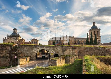 Belle vue sur les murs, la porte Amayuelas et la cathédrale Santa Maria dans le quartier historique de Ciudad Rodrigo en Espagne. Banque D'Images