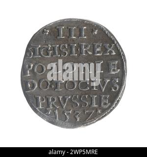 Pièce d'argent Trojak de Elbląg, émise en 1537 sous le règne du roi Zygmunt I Stary de Pologne (1506-1548). Banque D'Images