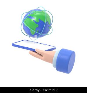 Plat 3d isométrique homme d'affaires main tenant smartphone avec le monde et le réseau mondial. Connexion internet et concept de communication globale.rendu 3D. Banque D'Images