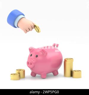 Plat 3d isométrique main d'homme d'affaires mettant la pièce de dollar dans la tirelire. Concept financier et économique.rendu 3D sur fond blanc. Banque D'Images