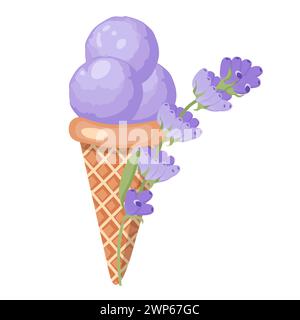 Crème glacée à la lavande. Trois boules de dessert sucré crémeux dans un cône de gaufre. Sorbet violet. Illustration vectorielle isolée sur blanc Illustration de Vecteur