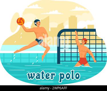 Water Polo Sport illustration vectorielle avec joueur jouant pour lancer la balle sur le but de l'adversaire dans la piscine en fond de dessin animé plat Illustration de Vecteur