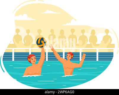 Water Polo Sport illustration vectorielle avec joueur jouant pour lancer la balle sur le but de l'adversaire dans la piscine en fond de dessin animé plat Illustration de Vecteur