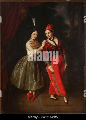 Portrait des Sœurs de Karolina et Anna Strauss, danseuses de ballet du Grand Théâtre ; Kaniewski, Jan Ksawery (1805-1867) ; vers 1853 (1850-00-00-1860-00-00) ; Orient, Grand Théâtre (Varsovie), société pour l'encouragement des Beaux-Arts (Varsovie - 1860-1940), société pour l'encouragement des Beaux-Arts (Varsovie - 1860-1940) - collection, ballet, costumes de ballet, coiffures, portraits d'artistes, portraits féminins, doubles portraits , primaballerine, costumes orientaux, danse, théâtres Banque D'Images