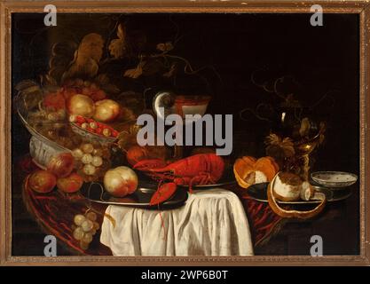Peinture néerlandaise de natures mortes, XVIIe siècle, représentant des fruits, du homard, du vin, porcelaine, et nautilus. Se concentre sur la composition, la texture et les détails des matériaux des natures mortes du petit-déjeuner. Banque D'Images