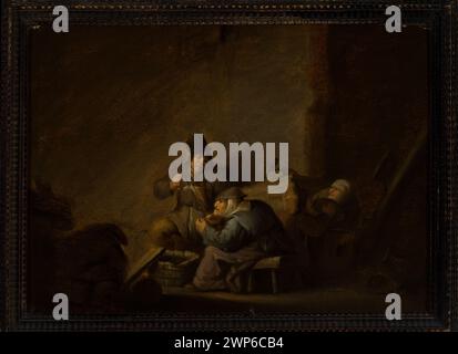 Une peinture de genre du XVIIe siècle d'Adriaen van Ostade représente des scènes figuratives intérieures de troupes, caractéristiques de la peinture néerlandaise. Banque D'Images