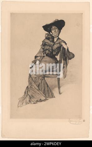 Lady in black ; Care, Ignacy (1865-1941) ; 1905 (1905-00-00-1905-00-00) ; Young Poland (style), partage plus, Witke-Jeżewski, Dominik (1862-1944), Witke-Jeżewski, Dominik (1862-1944)-collection, cadeau (provenance), français (culture), graphisme polonais, chapeaux (coiffures), femmes, chaises, mode, Pologne (culture), portraits, portraits d'en pied, Portraits féminins, remarques, symbolisme (style) Banque D'Images