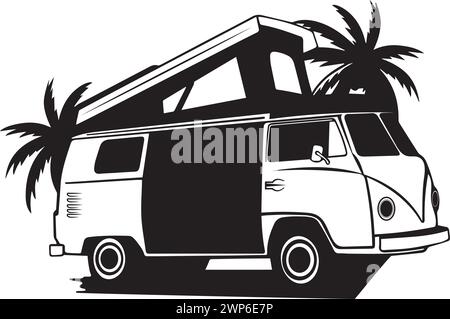 Camping-car rétro avec palmiers | voyage et aventure Vector Art Illustration de Vecteur