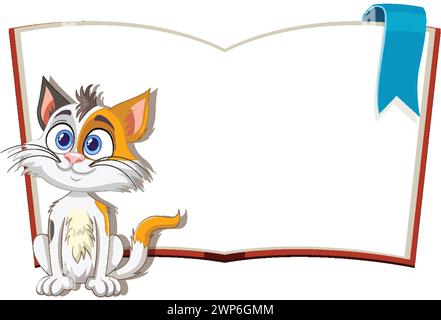 Adorable chaton de dessin animé assis à côté d'un livre blanc Illustration de Vecteur