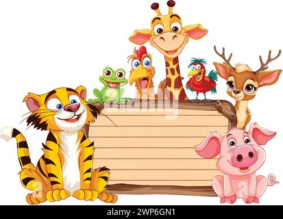 Animaux colorés regroupés autour d'une caisse en bois Illustration de Vecteur