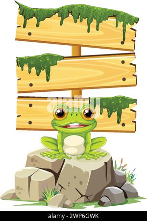 Grenouille joyeuse assise sur des rochers sous un signe. Illustration de Vecteur