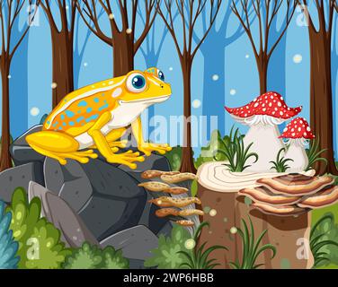 Grenouille vibrante assise sur les rochers avec des champignons Illustration de Vecteur