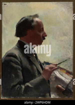 Un autoportrait de Wojciech Weiss vers 1931 le montrant avec une palette et des pinceaux sur un fond neutre, y compris les traits de profil et la moustache, reflétant les détails de provenance. Banque D'Images
