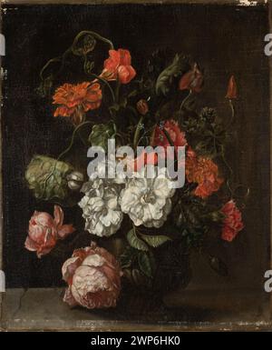 Une nature morte de la fin du XVIIIe siècle au début du XIXe siècle représentant des fleurs comprenant des clous de girofle, des coquelicots et des roses disposées dans un vase, sur fond neutre, mettant en évidence la couleur et la forme. Banque D'Images