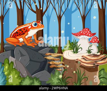 Grenouille vibrante assise sur les rochers avec des champignons Illustration de Vecteur