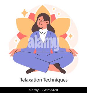 Femme d'affaires sereine pratique des techniques de relaxation assise dans une position de yoga lotus. Méditation consciente. Équilibre centré. Illustration vectorielle plate. Illustration de Vecteur