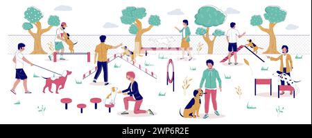 Les gens heureux formant les animaux de compagnie à l'illustration vectorielle de zone de marche de chien Illustration de Vecteur
