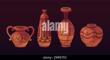 Produits de poterie anciens avec des fissures décorées avec des motifs traditionnels. Ensemble d'illustration vectorielle de dessin animé de vaisselle artisanale en céramique antique fissurée. Objets en faïence historiques grecs. Illustration de Vecteur