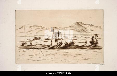 Tableau de 1912 d'Emil Orlik représentant un paysage arabe en Égypte avec des colonies, des palmiers et des paysages naturels dans un style moderniste. Banque D'Images