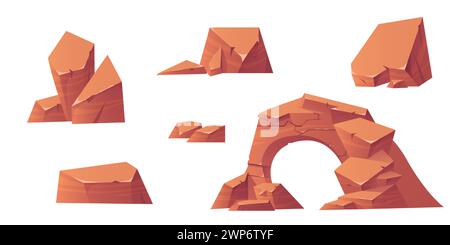 Pierres rocheuses serties isolées sur fond blanc. Illustration de bande dessinée vectorielle de blocs de grès avec surface fissurée inégale, éléments de conception de paysage de montagne ou de désert, terrain de canyon de l'ouest sauvage Illustration de Vecteur