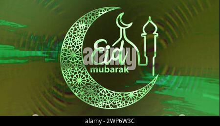Image du texte eid moubarak, avec mosquée et croissant de lune, en lumière verte Banque D'Images