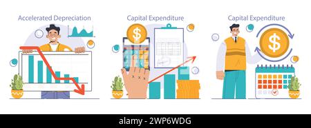 Amortissement et ensemble d'amortissement. Calculer la valeur des actifs de l'entreprise au fil du temps. Durée de vie de l'actif de l'entreprise , évaluation du capital. Rapport financier. Illustration vectorielle plate Illustration de Vecteur