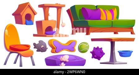 Les éléments de conception de café acceptant les animaux de compagnie sont isolés sur fond blanc. Illustration vectorielle de dessin animé de meubles intérieurs de café, animalerie et jouets, table et chaise, canapé avec coussins de couleur Illustration de Vecteur