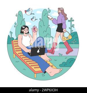 Idée de troisième place. Environnement social, séparé de la maison et du lieu de travail. Construction de la vie communautaire, interaction des personnes et zone de communication. Illustration vectorielle plate Illustration de Vecteur