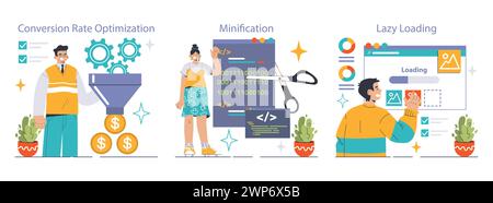 Ensemble d'optimisation de site Web. Maximisation des conversions de sites Web, rationalisation du code pour la vitesse. Mise en œuvre d'un chargement de données efficace. Illustration vectorielle plate Illustration de Vecteur