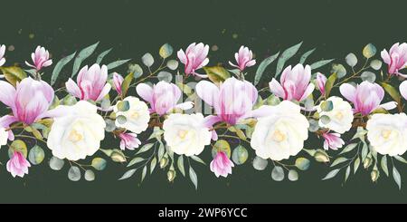 Aquarelle florale bordure sans couture avec des feuilles d'eucalyptus vert, des roses et des brindilles avec des fleurs de magnolia. Illustration d'aquarelle dessinée à la main. Banque D'Images