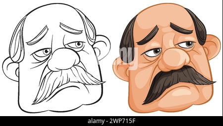 Deux illustrations de dessins animés d'hommes âgés avec des visages expressifs. Illustration de Vecteur